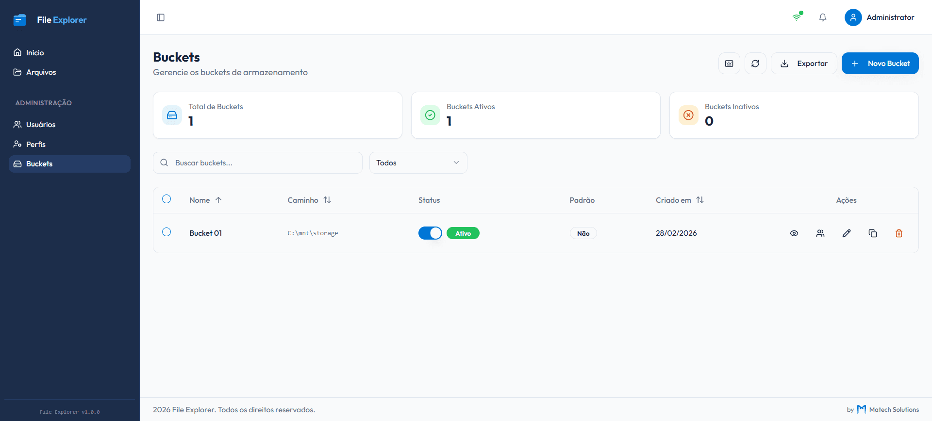 Gestão de buckets de armazenamento com controle de status