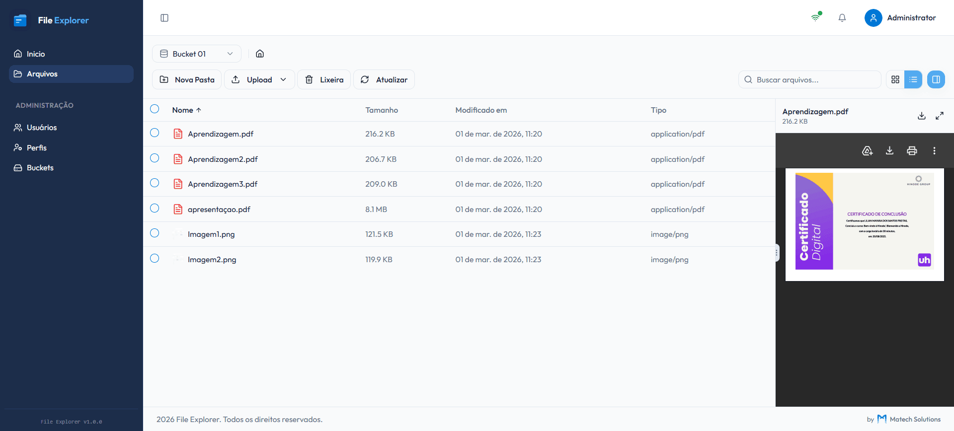 Explorador de arquivos em visualização lista com detalhes de tamanho e tipo