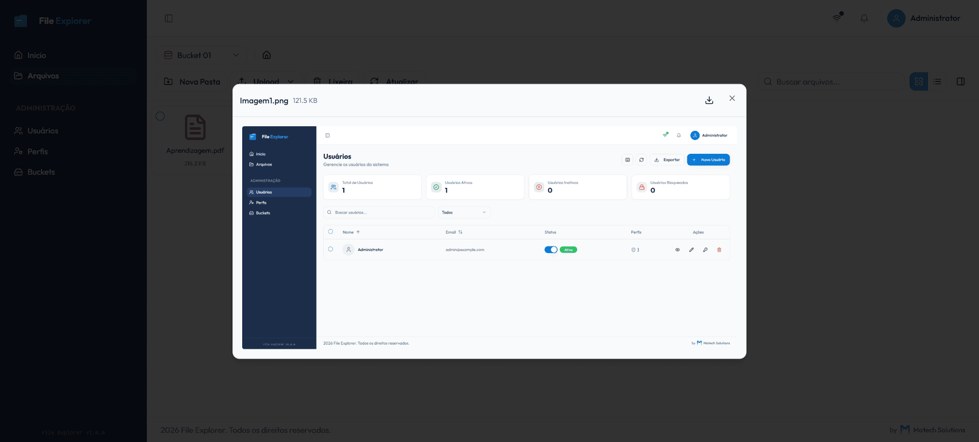 Preview de arquivo com modal sobreposto ao explorador