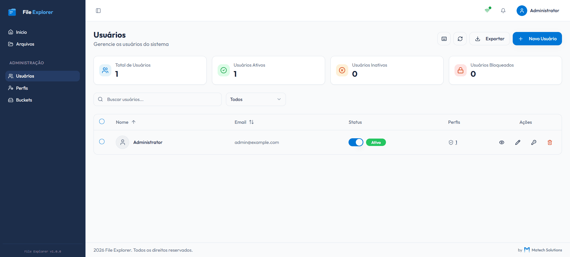 Painel de gestão de usuários com status e perfis